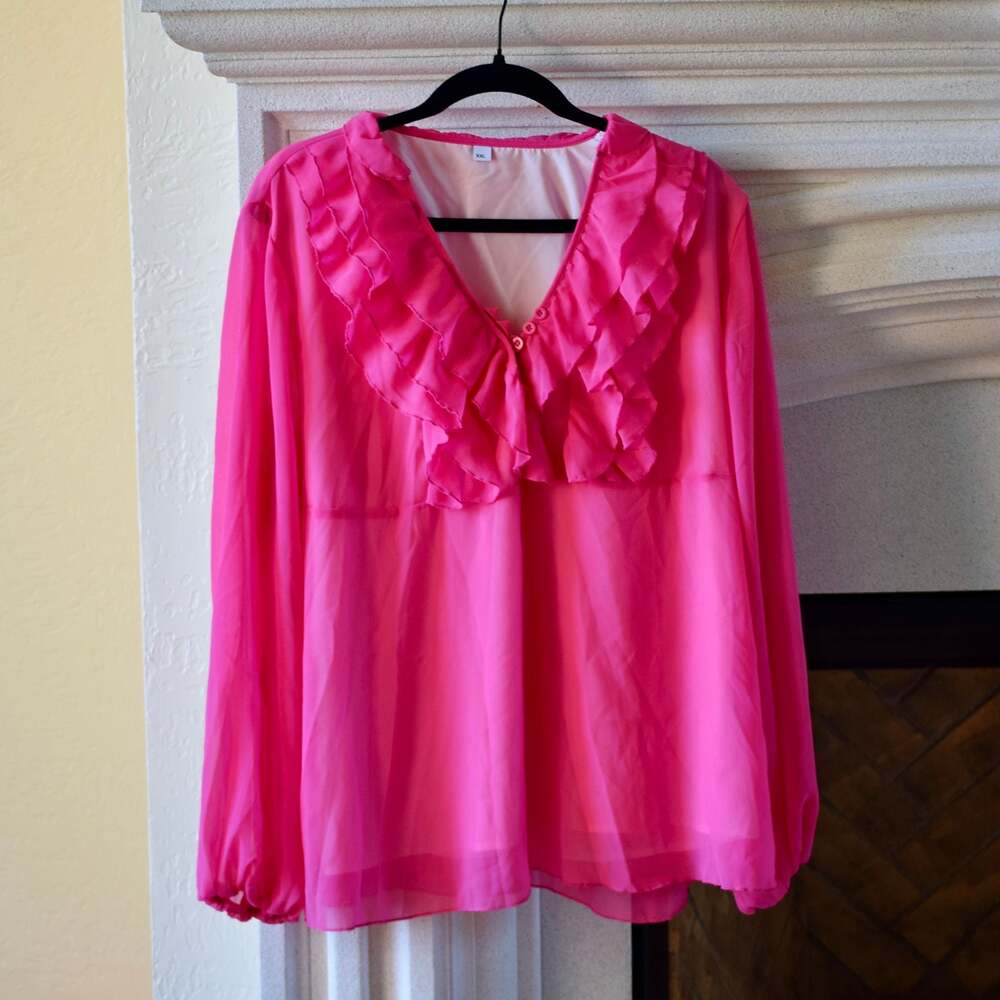 Ruffled V-Neck Sheer Blouse - Hot Pink